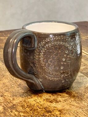 Handmade Studio Pottery Mug Brown Geometric Textured Coffee Cup Signed